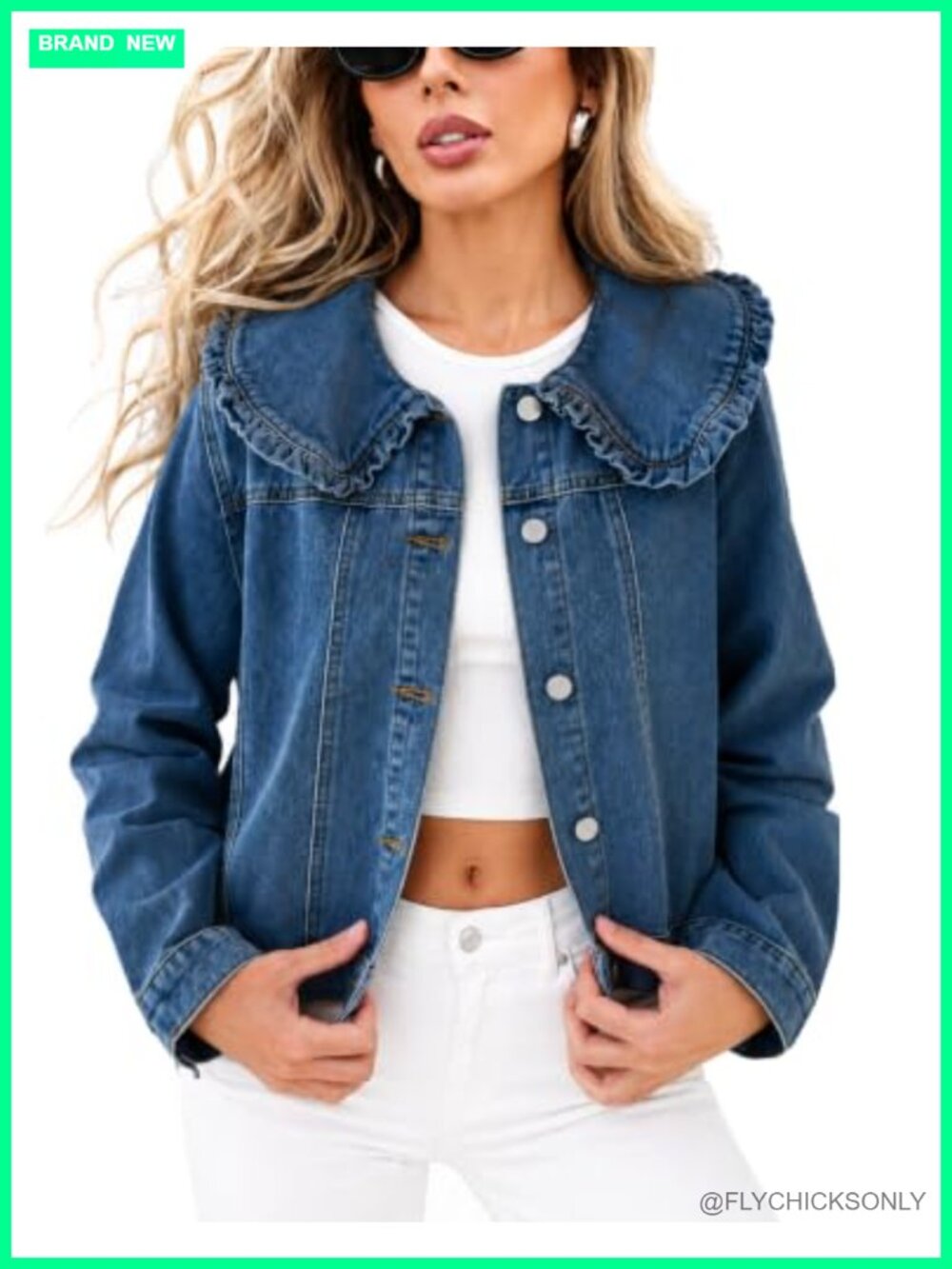 Cropped Denim Jacket Long Sleeve Peter Pan Collar Button Down Jean Shirt